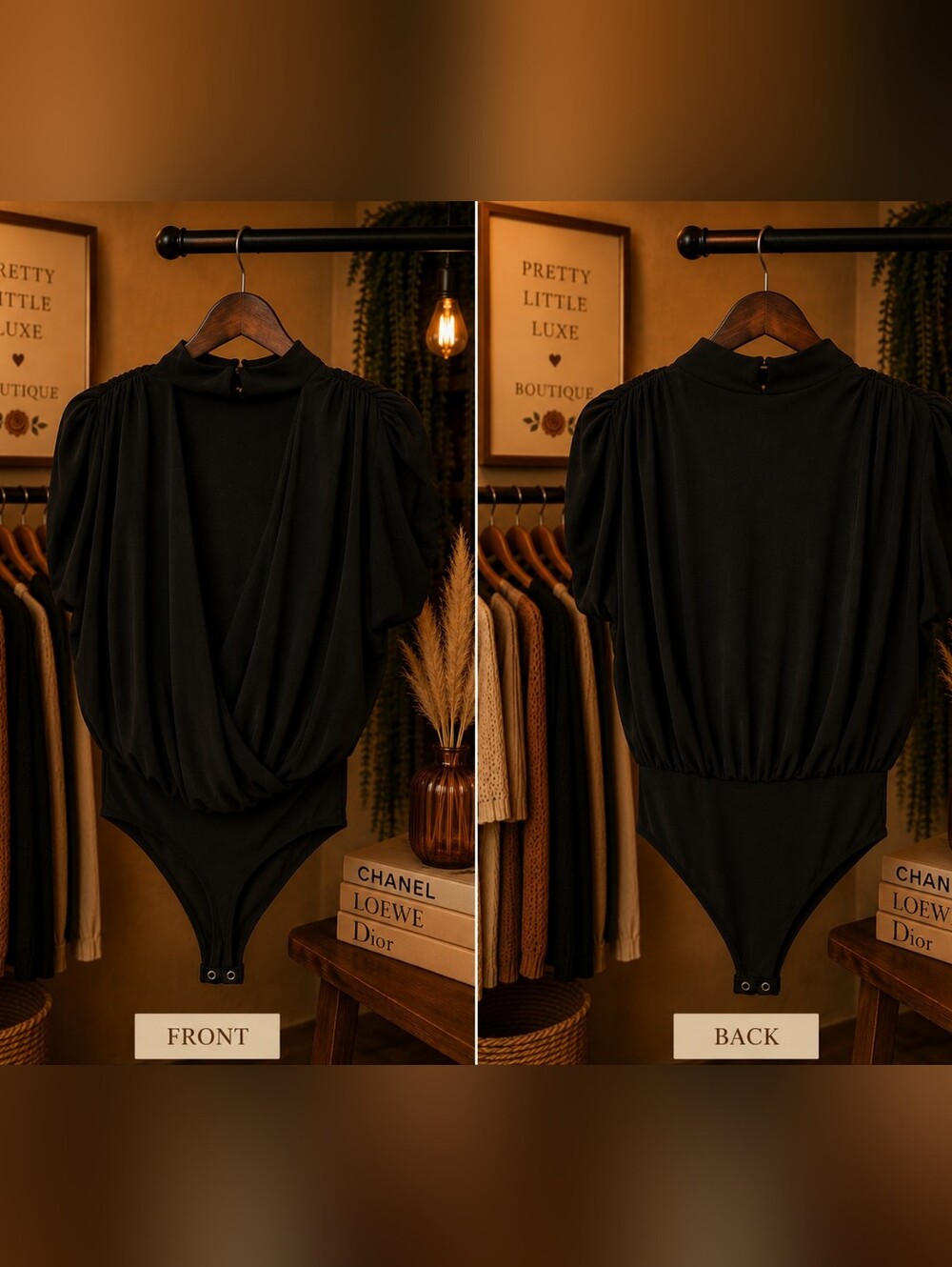Express Black Draped Bodysuit XS Puff Sleeve Deep V Bodysuit - Xs
